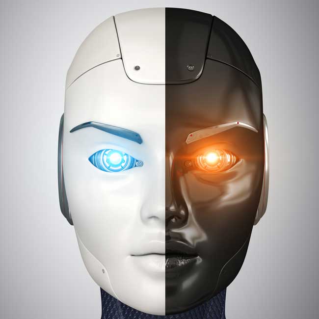 pros and cons of AI with robot head with dark and light features on either side of head